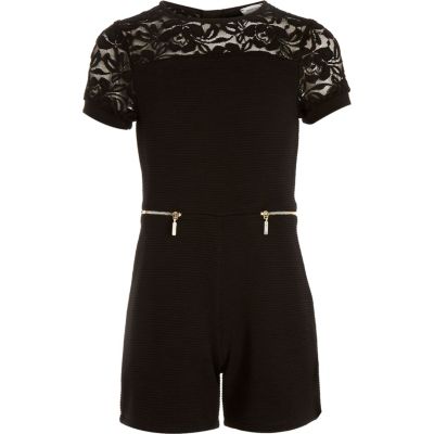 Girls black ribbed lace insert playsuit